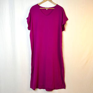 Eileen Fisher Organic Cotton Gauze Maxi Dress Size Large Pink V-Neck Split Hem